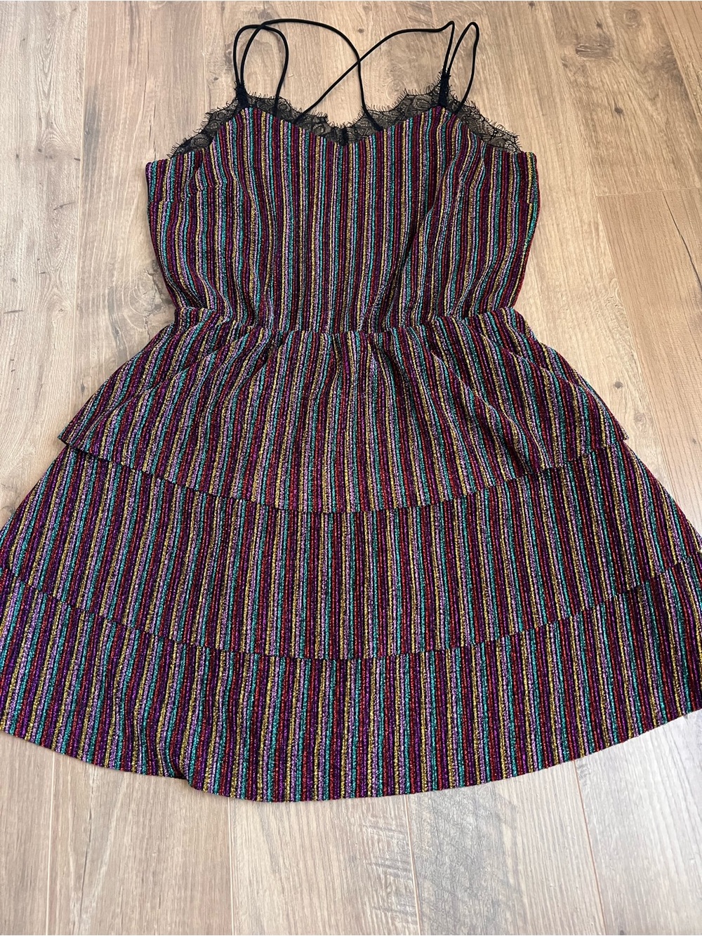 SFERRA Multicolor Striped Spaghetti Strap Mini Dress with Black Lace Trim